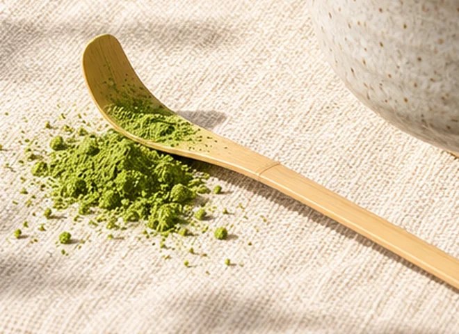Stenmalet matcha pulver på bambusske