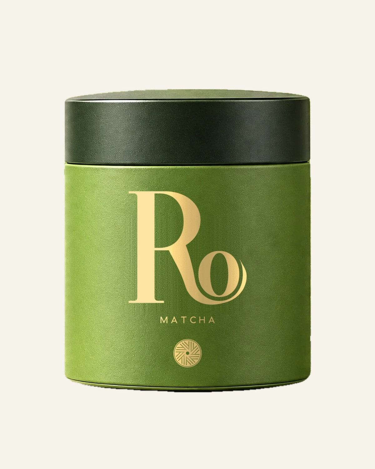 RO Ceremonial Matcha: matchagrøn dåse med mørkegrønt låg, Ro-monogram og guldsegl