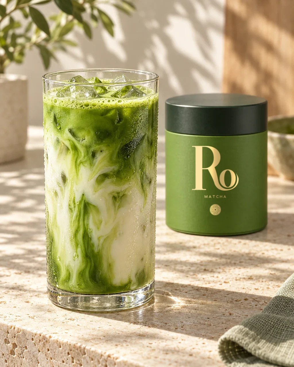 Iced matcha latte lavet med RO Ceremonial Matcha